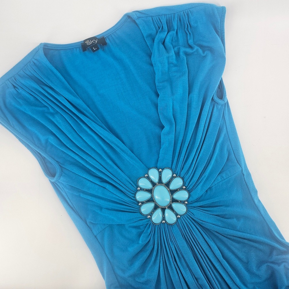 Sky Brand Womens Large Top Turquoise Medallion Pleated Club Chic Y2K